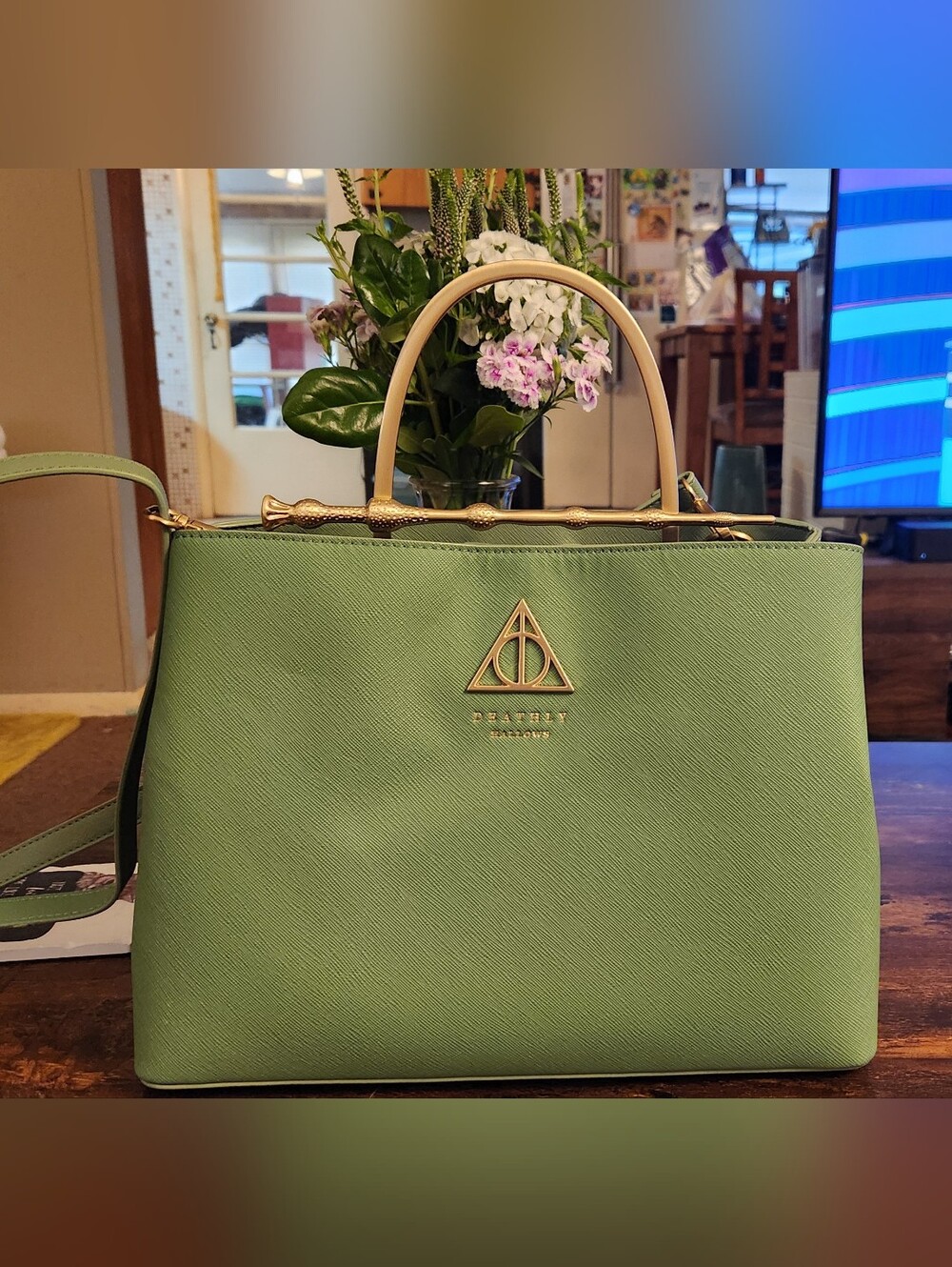 Loungefly Harry Potter Deathly Hallows Sage Green/Gold Elder Wand Purse